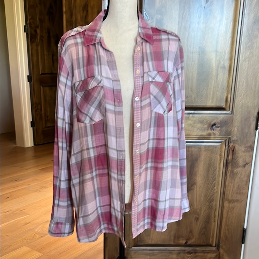 Express Boyfriend Pink Plaid Blouse